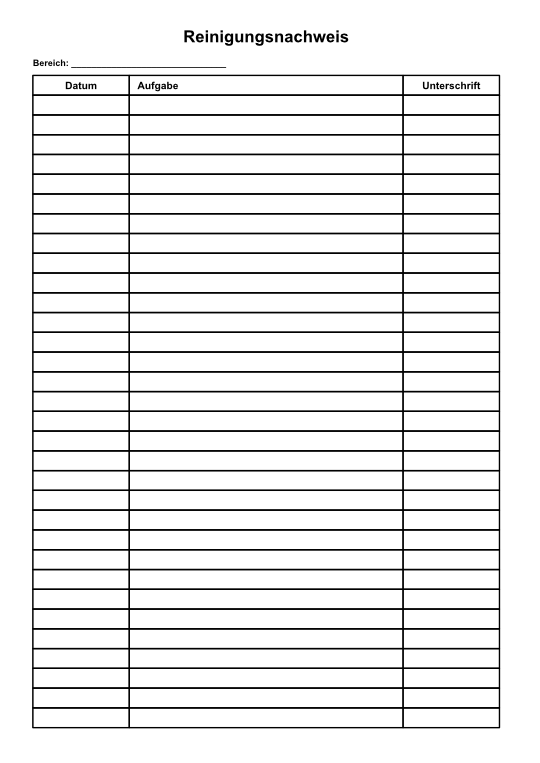 Reinigungsnachweis Vorlage mit Wochentag