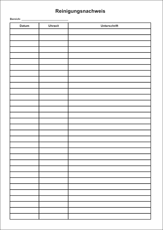 Reinigungsnachweis Vorlage mit Datum & Uhrzeit