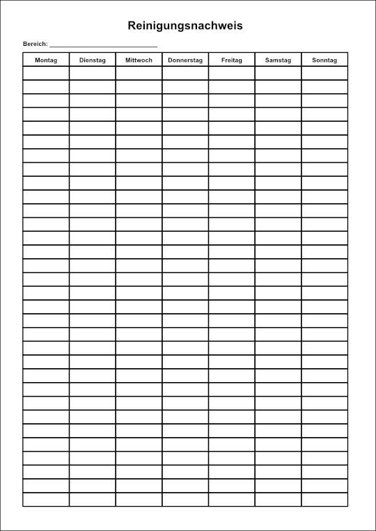 Reinigungsnachweis Vorlage mit Wochentag